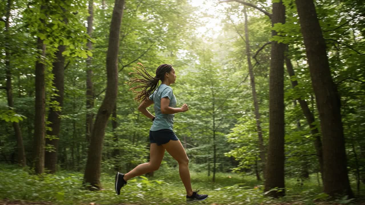 A Dynamic Runner Navigating Through a Lush Green Forest, Embracing the Fresh Air and Nature's Beauty While Engaging in Exercise and Outdoor Adventure