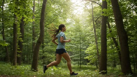 a dynamic runner navigating through a lush green forest, embracing the fresh air and nature's beauty while engaging in exercise and outdoor adventure