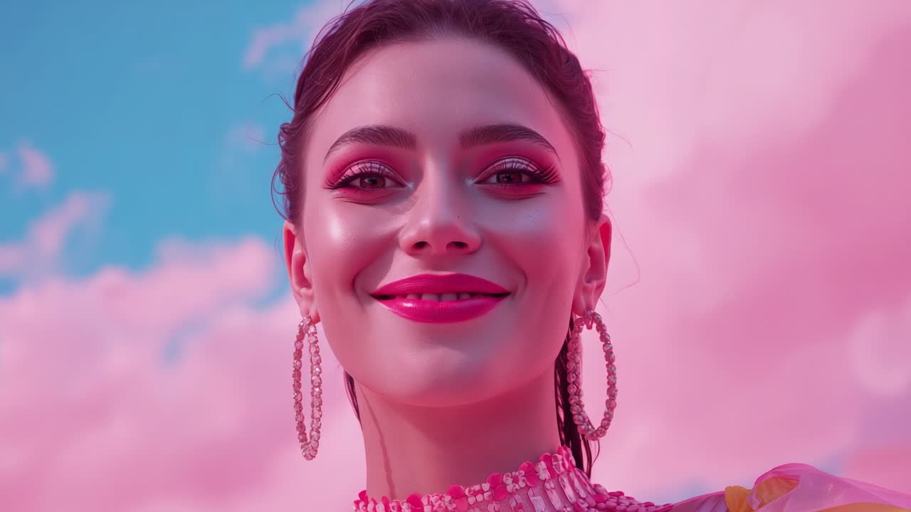 Widening smile on camera cue, model tilting head in studio showing sequined pink top, beaded hoops