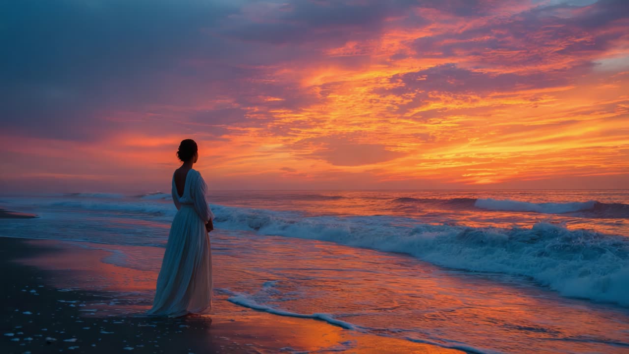 A Serene Moment by the Ocean: A Woman in a Flowing White Dress Stands Alone, Gazing into the Vibrant Sunset Over the Calm Waters, Embracing Nature's Beauty and Tranquility