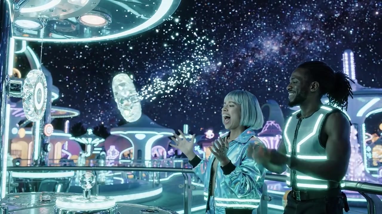 A Sci-Fi Gathering Under a Starry Sky: Two Friends Excitedly Engage at a Futuristic Neon Lounge Filled with Galactic Decor and Vibrant Ambience