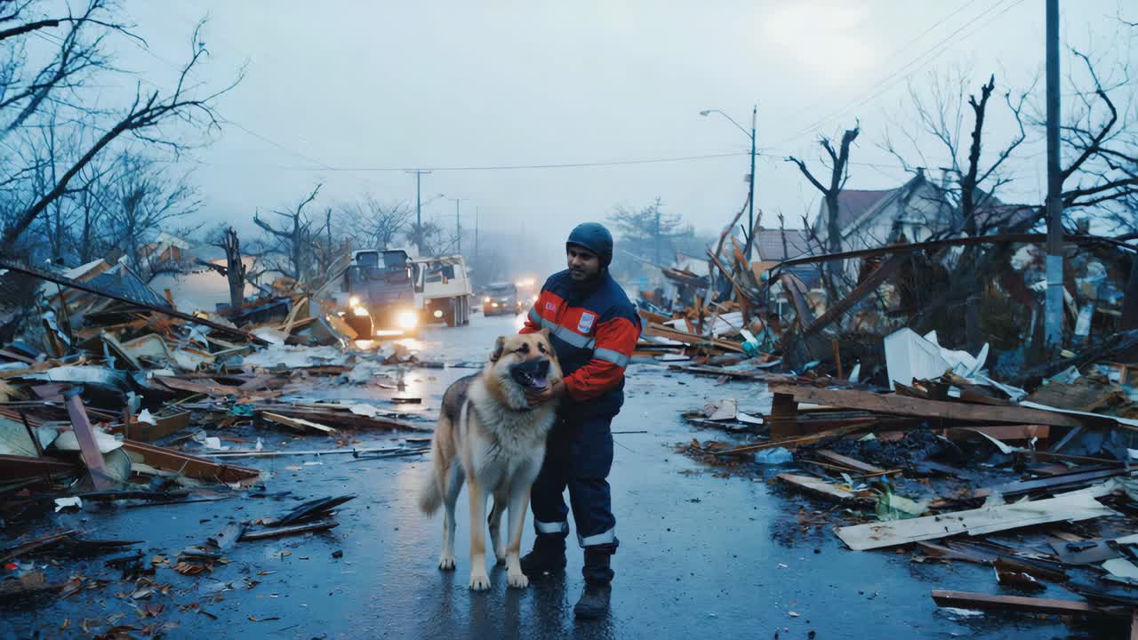 Rescue worker with dog in tornado-damaged area