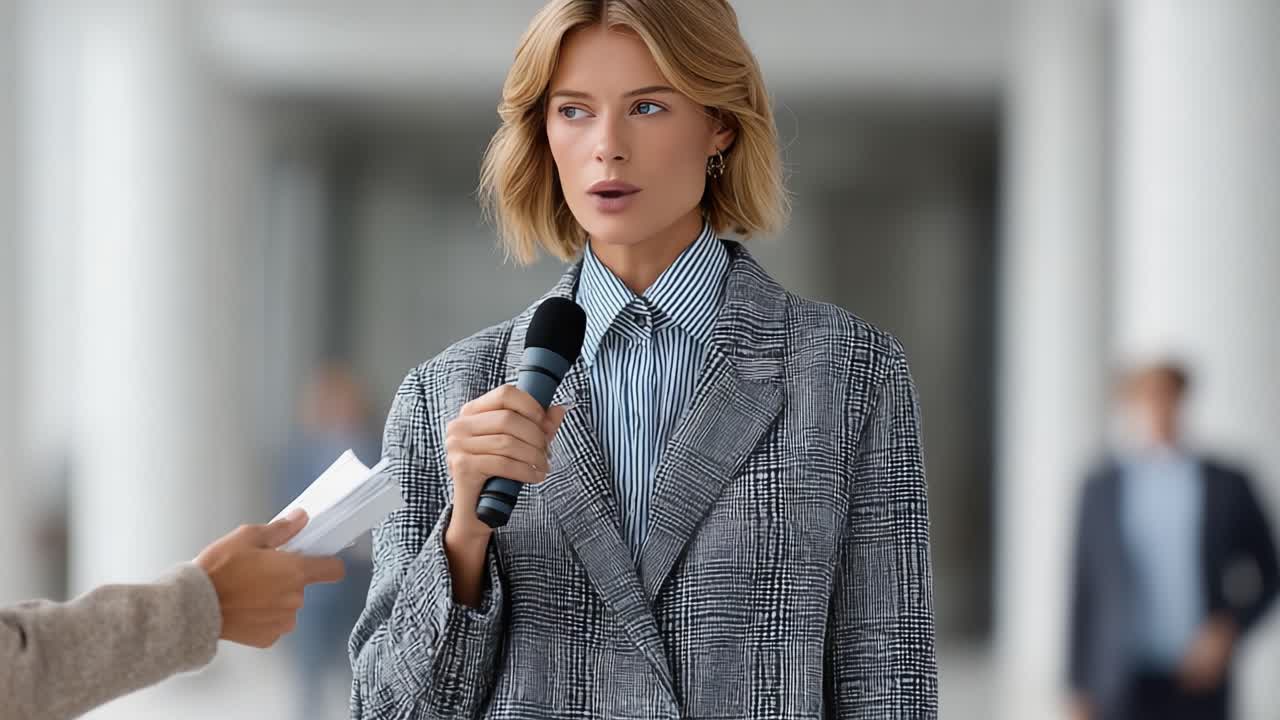A Confident Young Woman with a Microphone at a Public Event, Preparing to Address the Audience with Insightful Commentary on Current Topics
