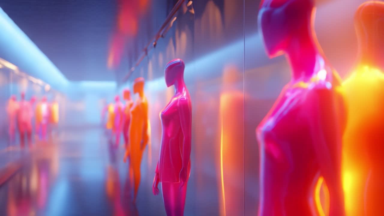 A captivating display of colorful, illuminated mannequins in an ethereal space, showcasing futuristic designs that reflect light and create an engaging atmosphere for onlookers, inspiring creativity and imagination
