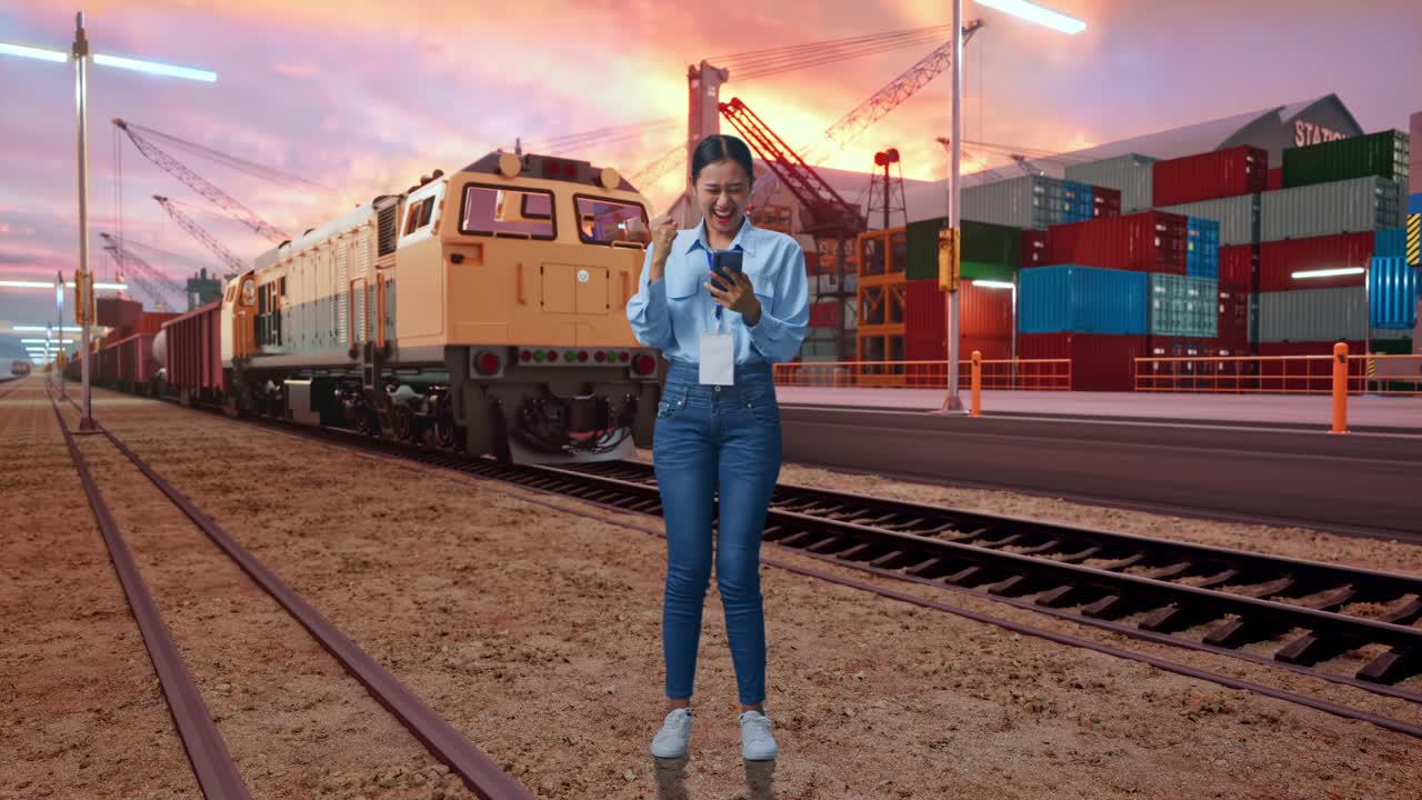 Full Body Of Asian Female With Her Smarphone With Freight Cargo Train At Port, She Raises Her Fist Up With Screaming Goal