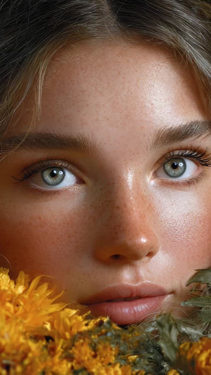 Un primo piano di una giovane donna circondata da vivaci fiori gialli, che mette in risalto la sua bellezza naturale e i suoi tratti espressivi con una messa a fuoco morbida
