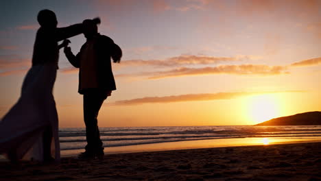 Dancer-couple,-silhouette-and-beach-with-love