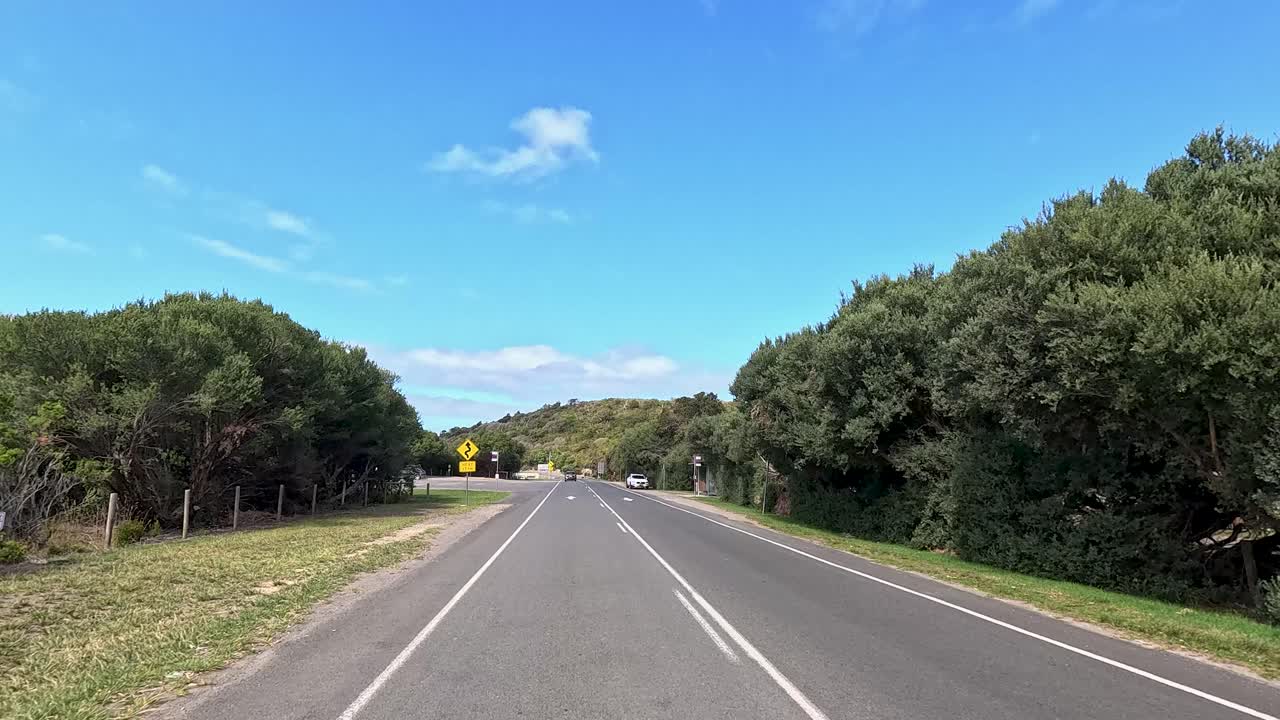 A serene drive through lush greenery and clear skies on Great Ocean Road, captured in bright daylight with smooth camera movement