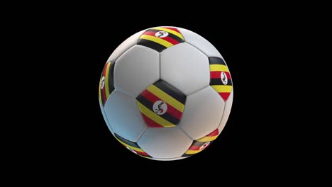 pelota de fútbol con bandera de uganda, en fondo negro bucle alfa. representación en 3d