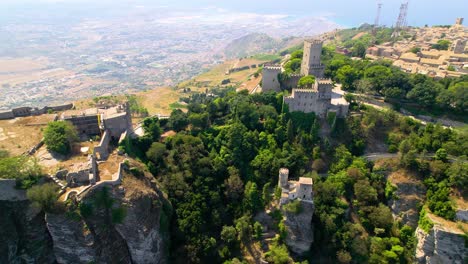 aerial of castles torretta pepoli and castello di venere in erice, sicily during sunny weather