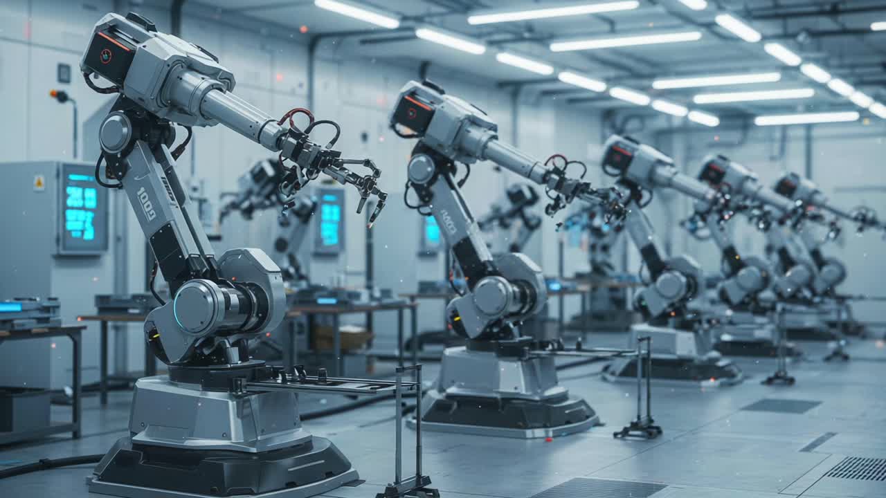 High-Tech Industrial Robotics: A Series of Advanced Robotic Arms in Action Within a Modern Automation Facility Showcasing Precision and Efficiency