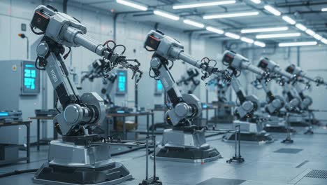 high-tech industrial robotics: a series of advanced robotic arms in action within a modern automation facility showcasing precision and efficiency