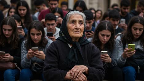 a poignant contrast between generations as an elderly woman sits in quiet reflection amidst a sea of youth engrossed in their smartphones, highlighting the divide in communication