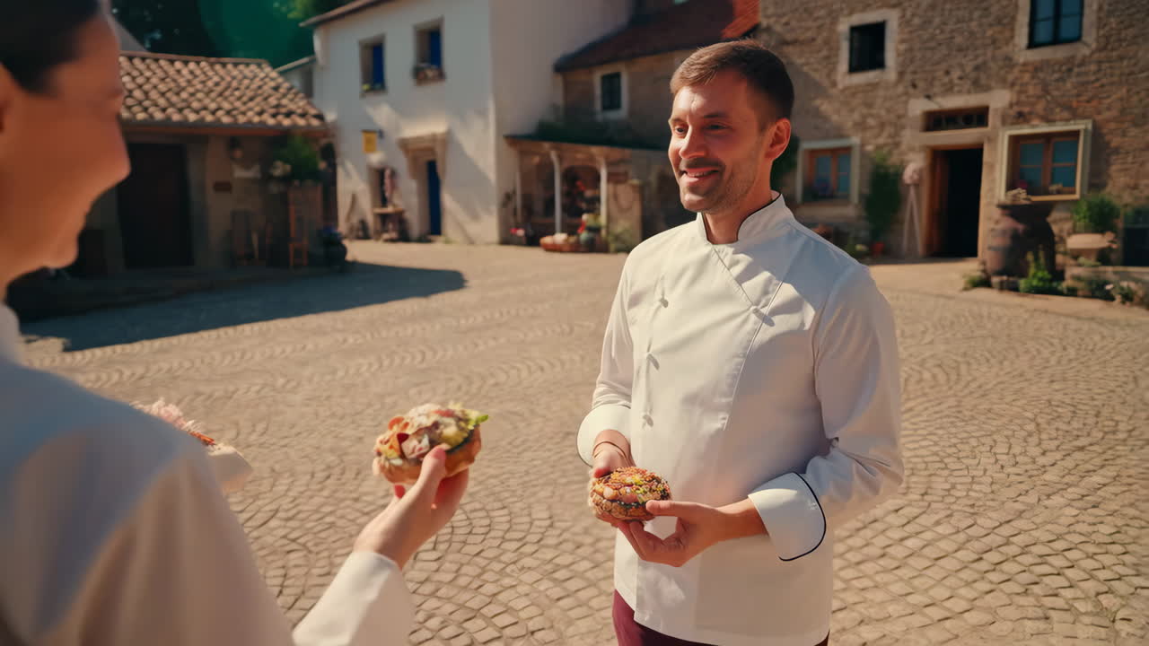 Chefs sharing gourmet food in an old European courtyard