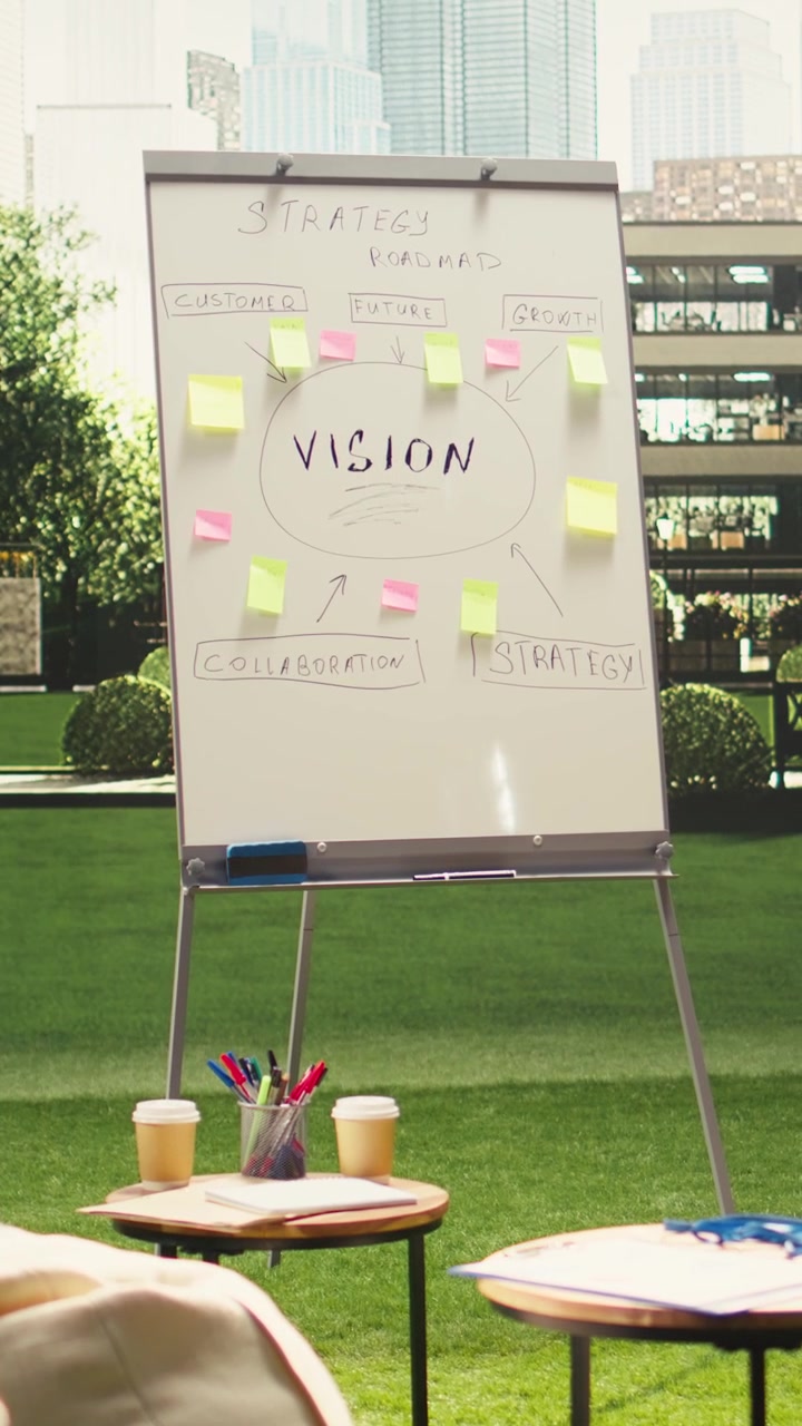 Vertical Video Empty corporate terrace space with vision board and lounge chairs