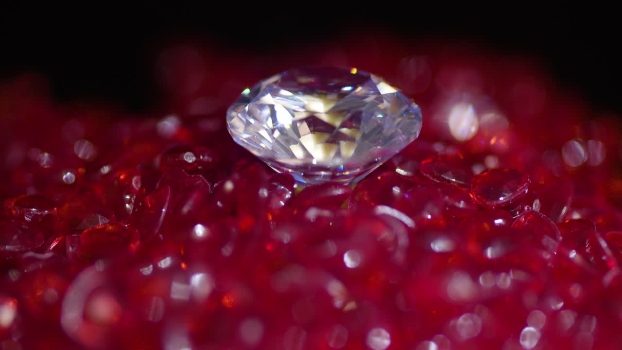 Big shiny real diamond surrounded by a heart shaped red stones spinning CCW close-up
