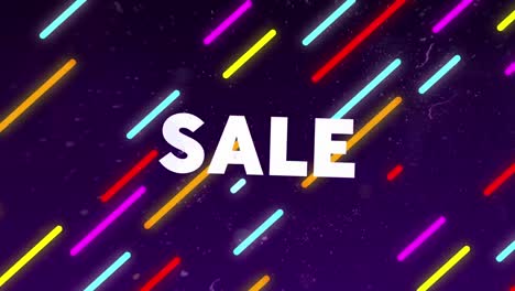 animation of sale in white text with colourful distortion over coloured diagonal lines on black