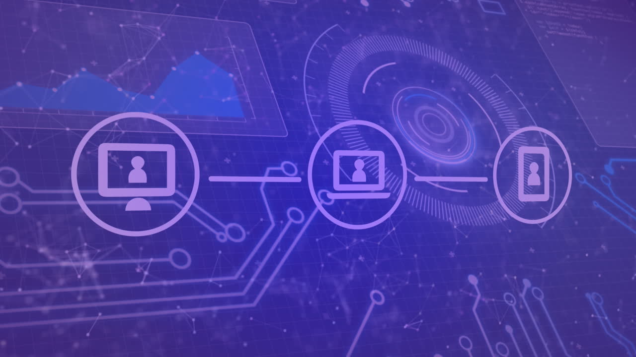 animación de la red de conexiones e iconos digitales contra la interfaz con el procesamiento de datos