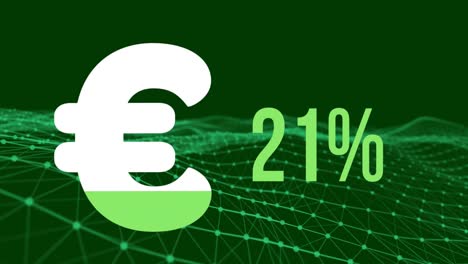 euro currency symbol and increasing percentage against digital wave on green background