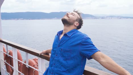 young man traveling on the sea.