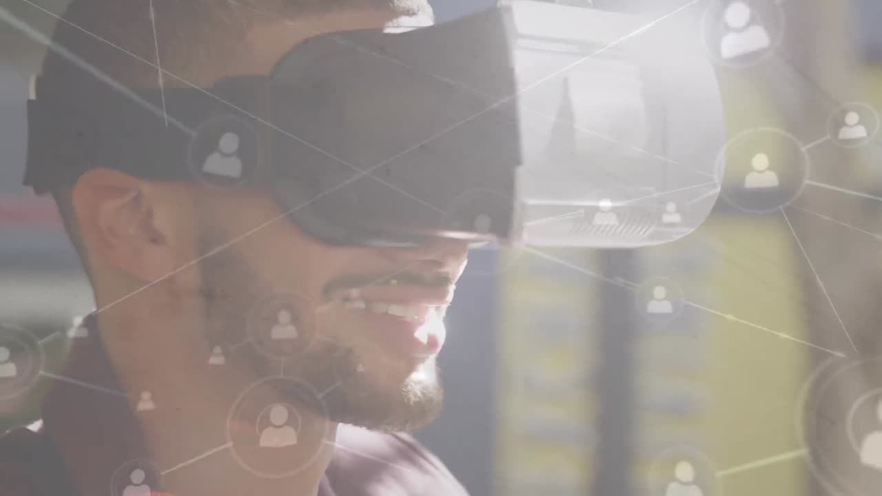 Animazione di una rete di connessioni su un professionista che utilizza un visore VR