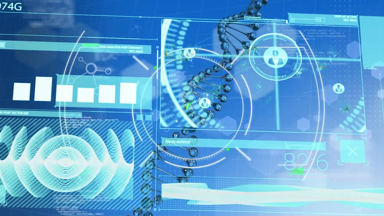 Digital DNA Helix Rotating with Scientific Data Interface