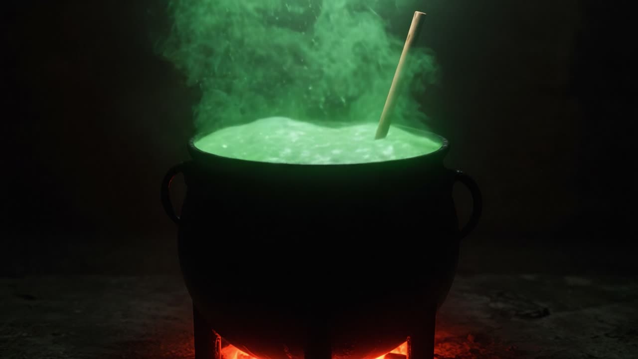 A Mysterious Green Potion Bubbling in a Cauldron Over a Flickering Fire, Casting an Enigmatic Glow and Evoking an Atmosphere of Dark Magic and Alchemy