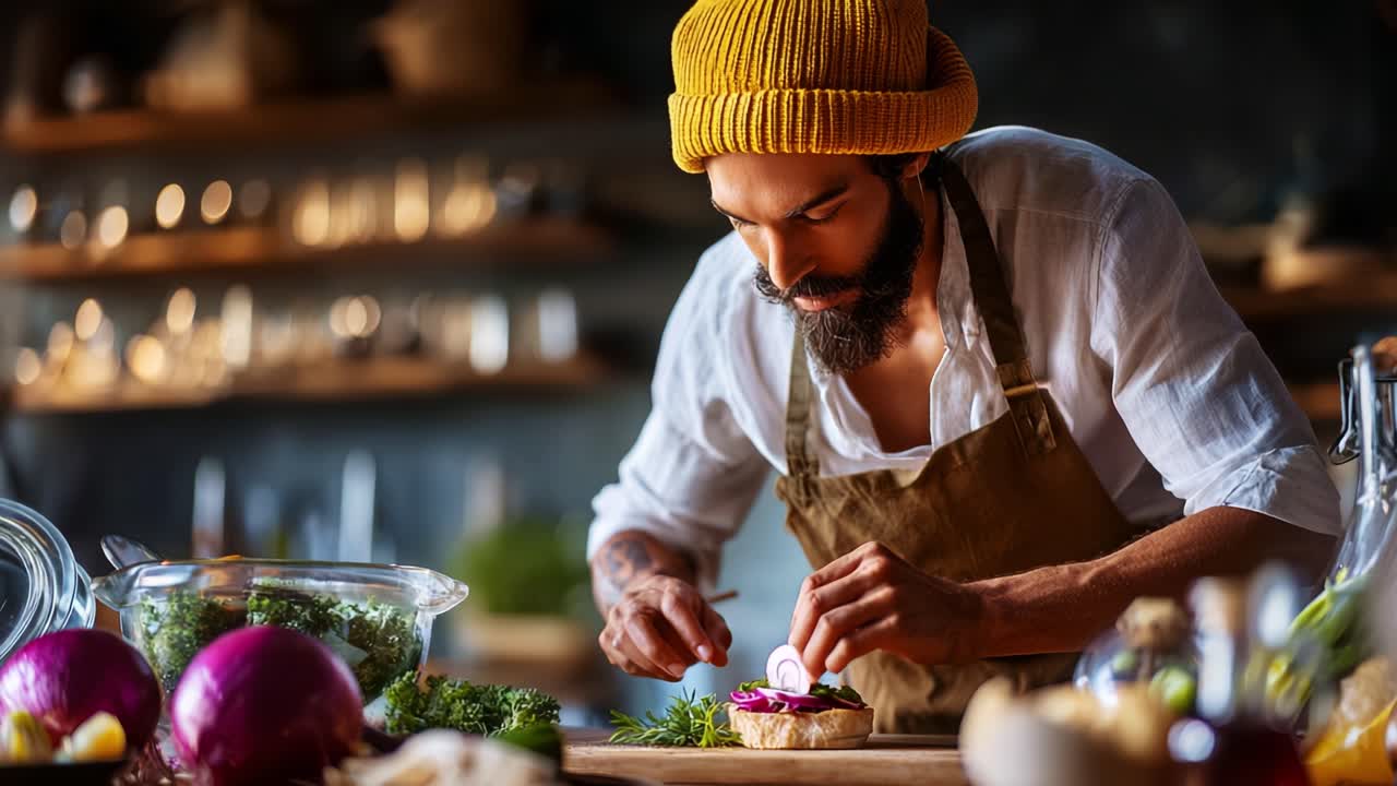 A Focused Chef Skillfully Garnishing a Dish with Fresh Herbs and Vegetables in a Cozy Kitchen Setting, Showcasing Culinary Artistry and Passion for Food Preparation