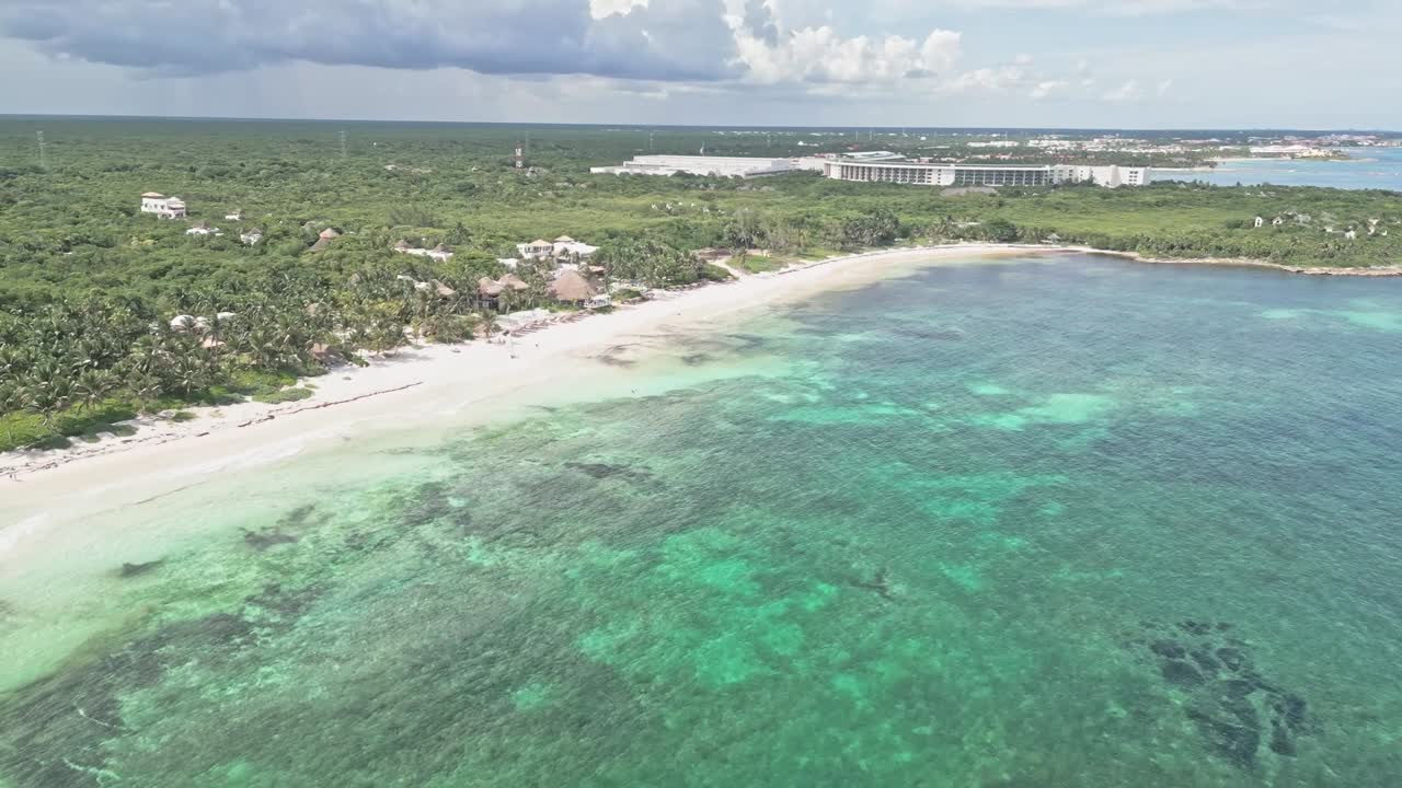 Aerial view of Xpu-ha beach, Riviera Maya, calm waves, tropical vibes
