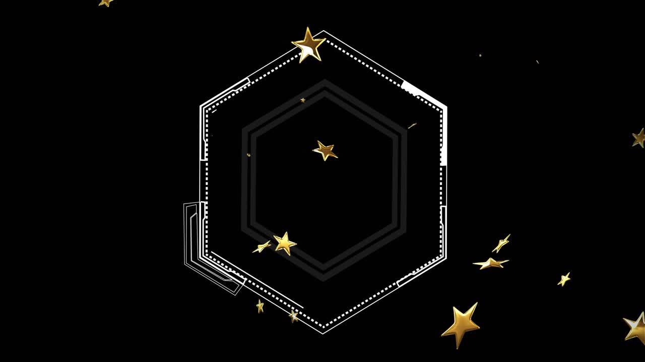Scattering gold stars appearing, layered white hexagon growing, stars orbiting right creating decor