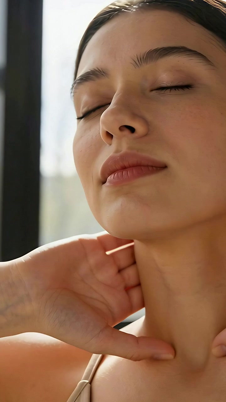Video verticale: Donna che respira con un top a spalline sottili, muovendo le mani lungo il collo vicino a una finestra alta