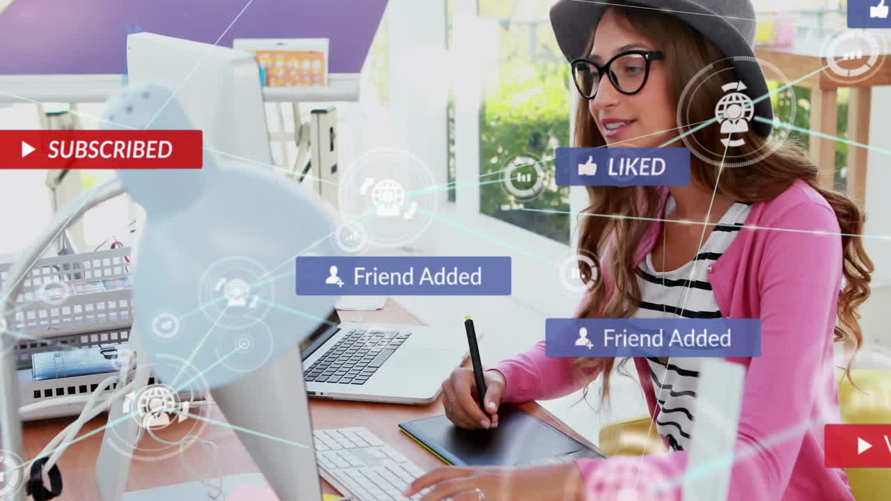 Animation of network of connections with text and cons over caucasian businesswoman using laptop