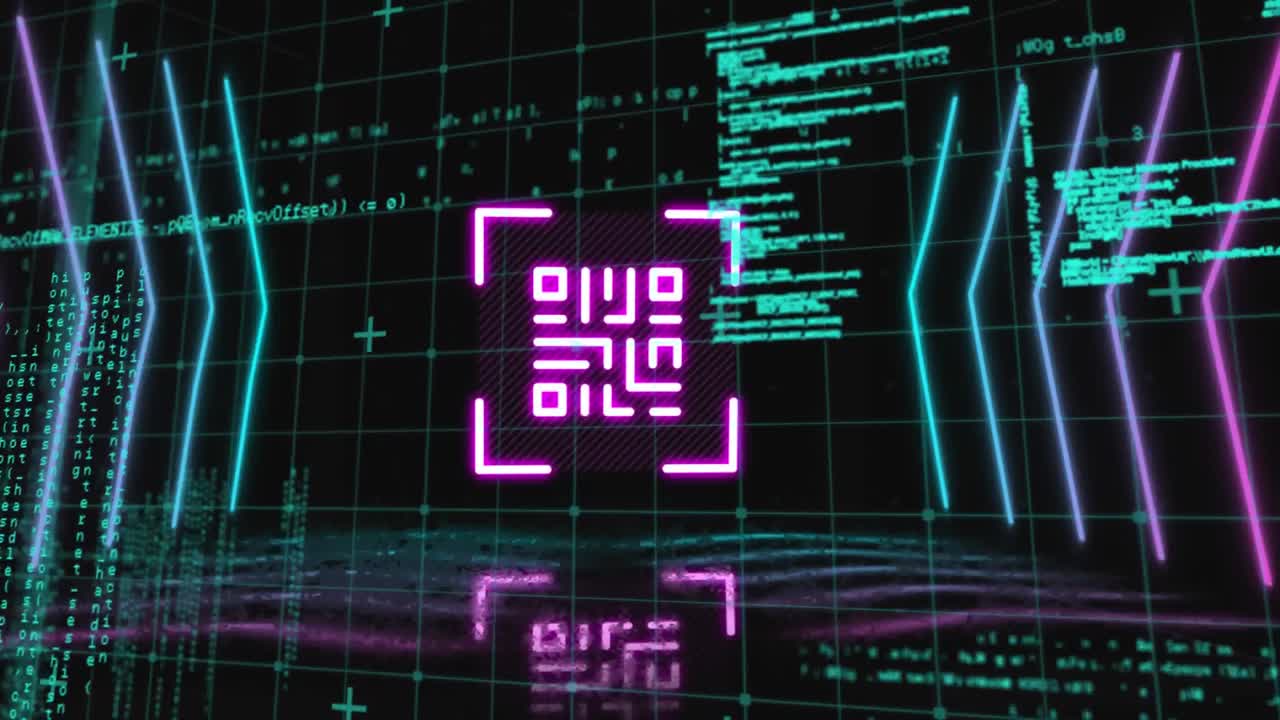 escáner de código qr con elementos de neón contra el procesamiento de datos