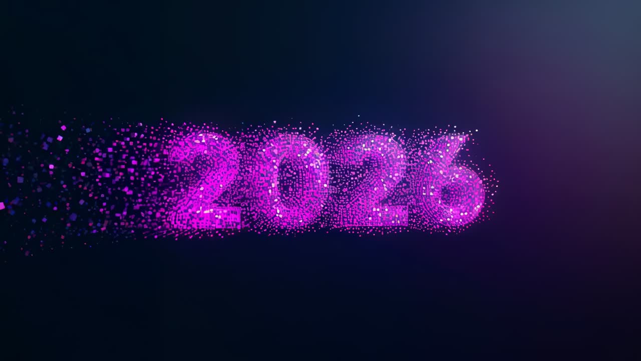 Attivazione di un emettitore che crea il 2026 da polvere magenta in studio, rivelando l'anno con bagliore blu-violetto