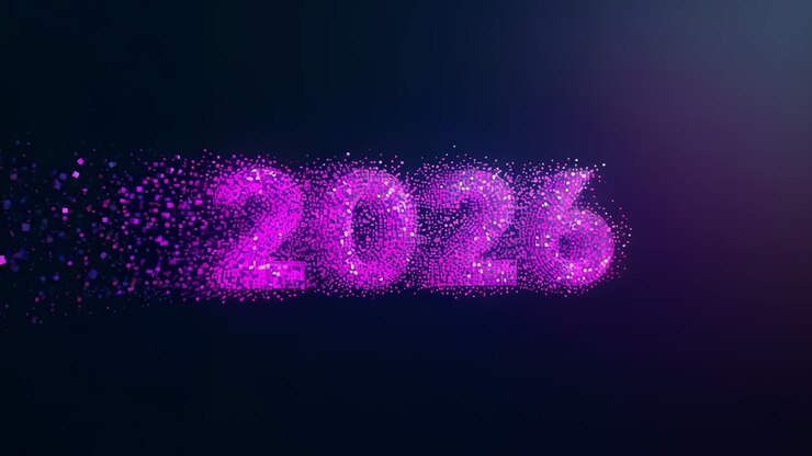 Attivazione di un emettitore che crea il 2026 da polvere magenta in studio, rivelando l'anno con bagliore blu-violetto