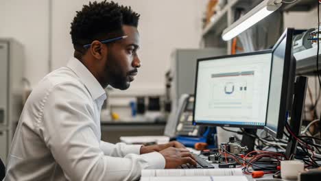 focused technician analyzing data on dual monitors while conducting technical work in a modern office environment