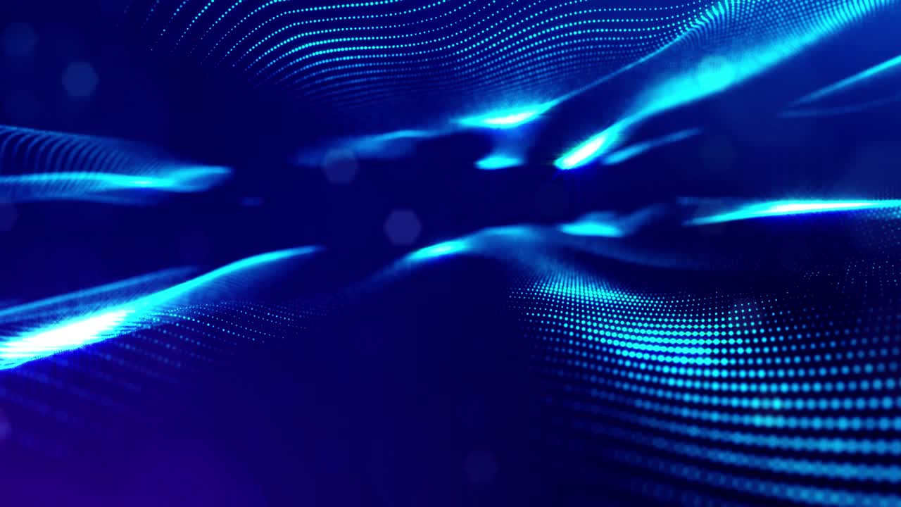 3d looped bg data flow concept, sci-fi background digital space. Blue high tech field with glow particles form lines and surface waves. Hi-tech information flow, blockchain, bigdata visualization. DOF