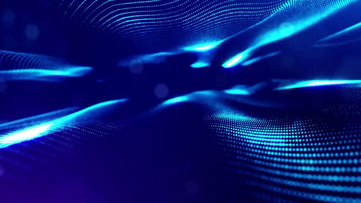 Sfondo 3D in loop, concetto di flusso di dati, spazio digitale sci-fi. Campo blu ad alta tecnologia con particelle luminose che formano linee e onde superficiali. Flusso di informazioni hi-tech, blockchain, visualizzazione di big data. DOF
