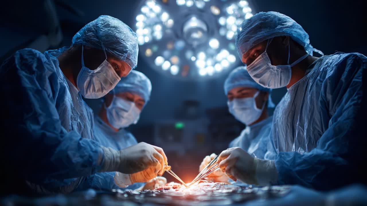 Una procedura chirurgica delicata che si svolge in una sala operatoria scarsamente illuminata, che mostra un team di professionisti qualificati concentrati su compiti complessi, illuminati da intense luci chirurgiche
