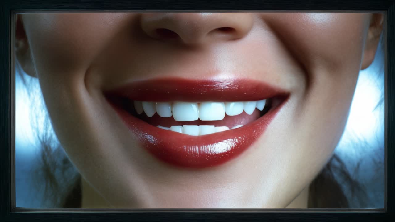 Close-Up Portrait of a Smiling Woman Showcasing Glossy Red Lips and Bright White Teeth Against a Soft Blurred Background, Capturing Confidence and Beauty