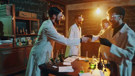 happy scientists celebrating in a vintage laboratory