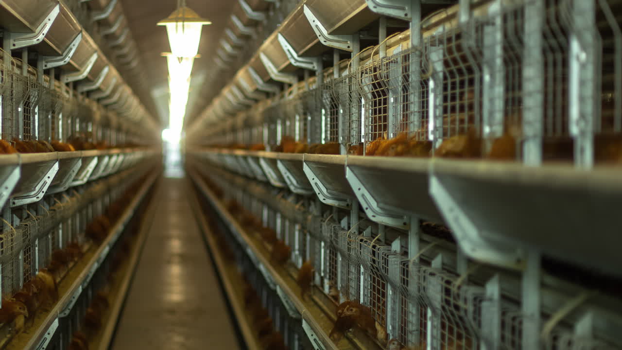 Time-lapse of caged chicken eating inside a poultry meat processing factory