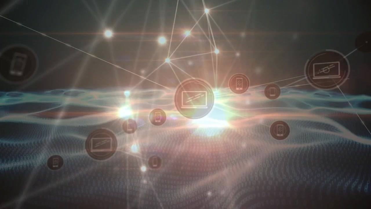 Animation eines Netzwerks von Verbindungen mit Symbolen und Lichtpunkten auf schwarzem Hintergrund