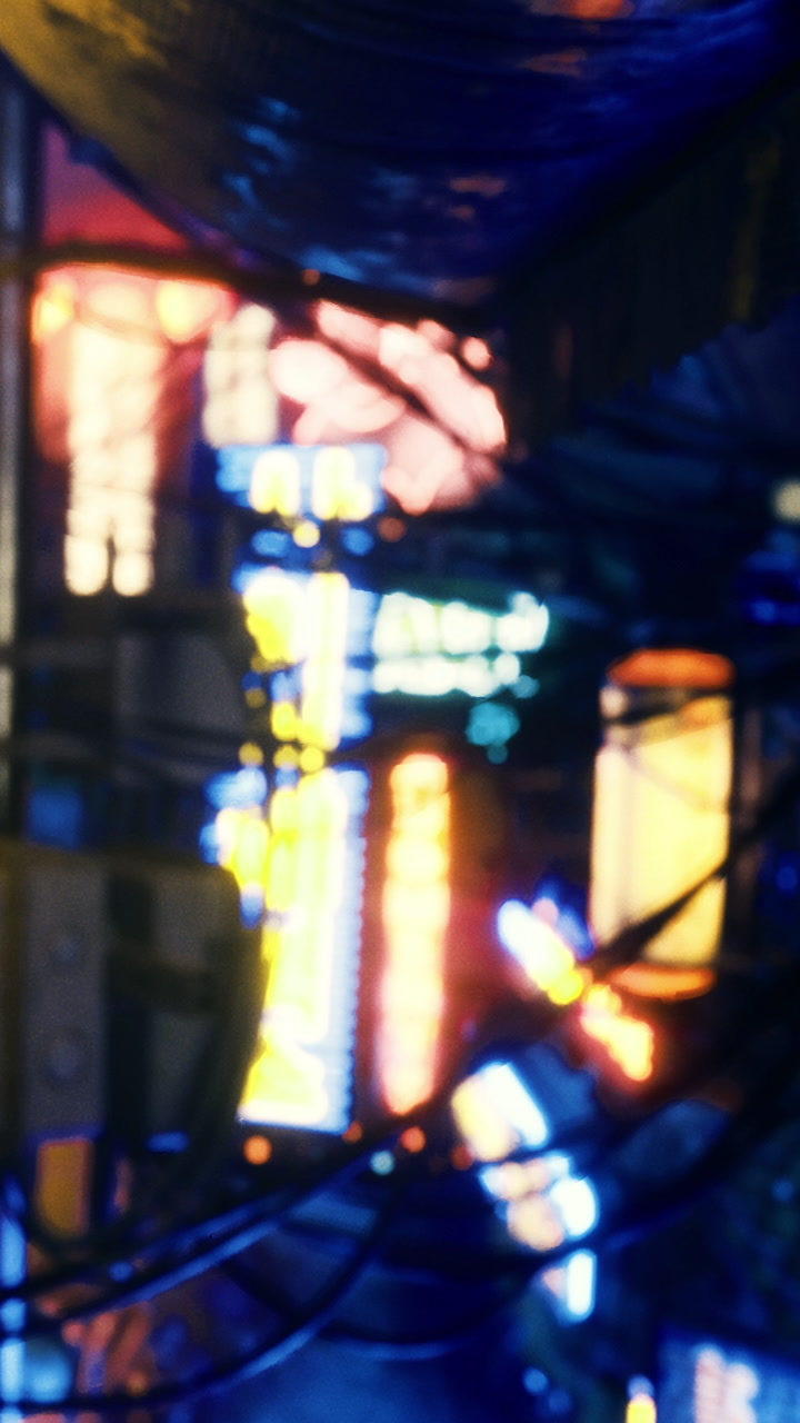 Neon signs illuminate a city alley at night with vibrant colors and wires