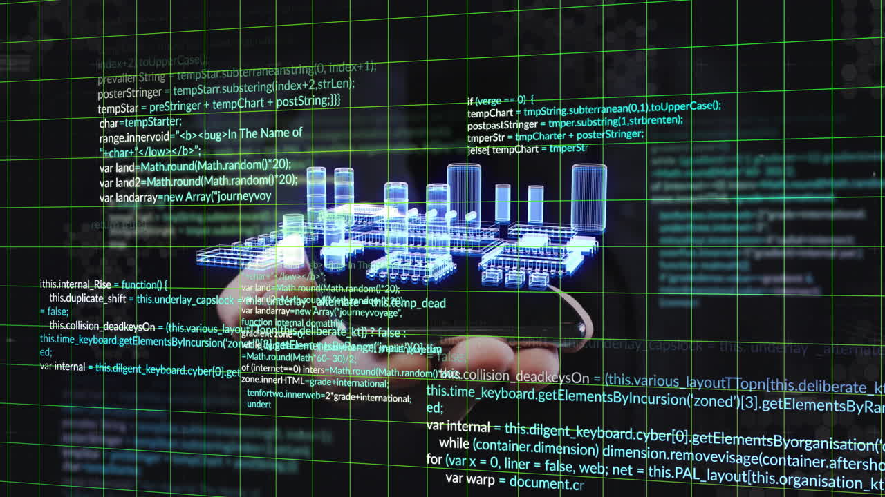 Holding holographic city model, hand with animation over digital grid background