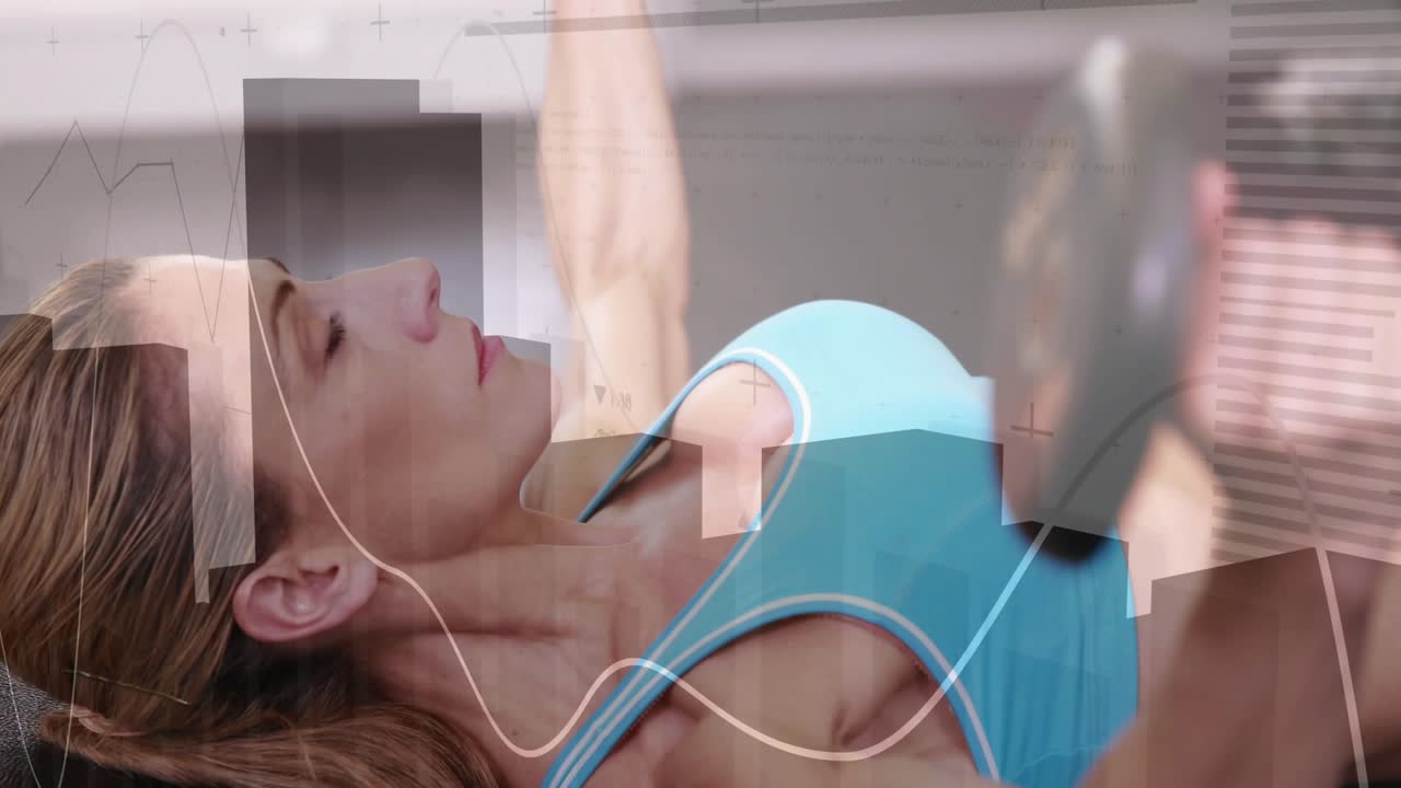 Woman starting bench dumbbell press in gym, overlaying graphs tracking strength progress