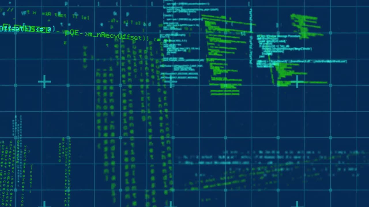 Animation of data processing over grid on blue background