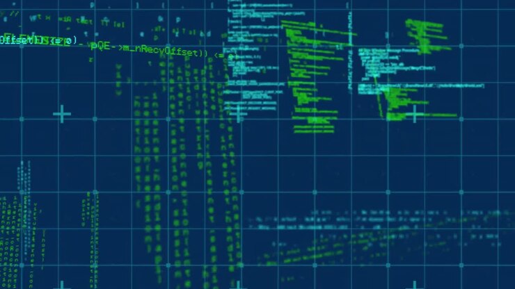 Animation of data processing over grid on blue background