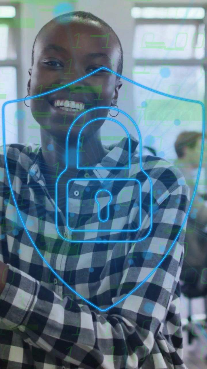 Vertical video: Woman smiling crossing arms dots rising forming lock and shield over her for secur