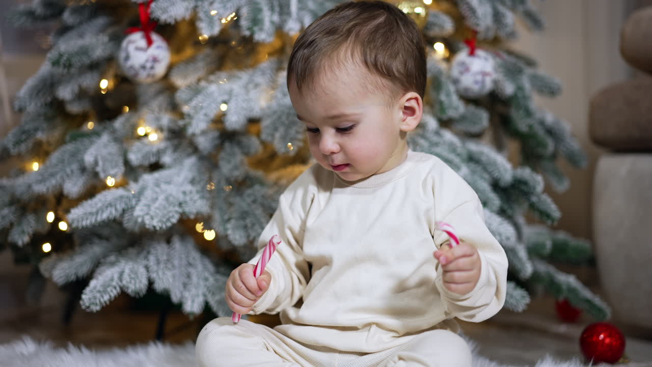 Baby at Christmas Tree with Candy Canes